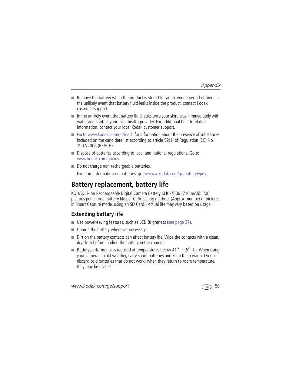 Battery replacement, battery life, Extending battery life, Alled | Kodak M22 User Manual | Page 57 / 68