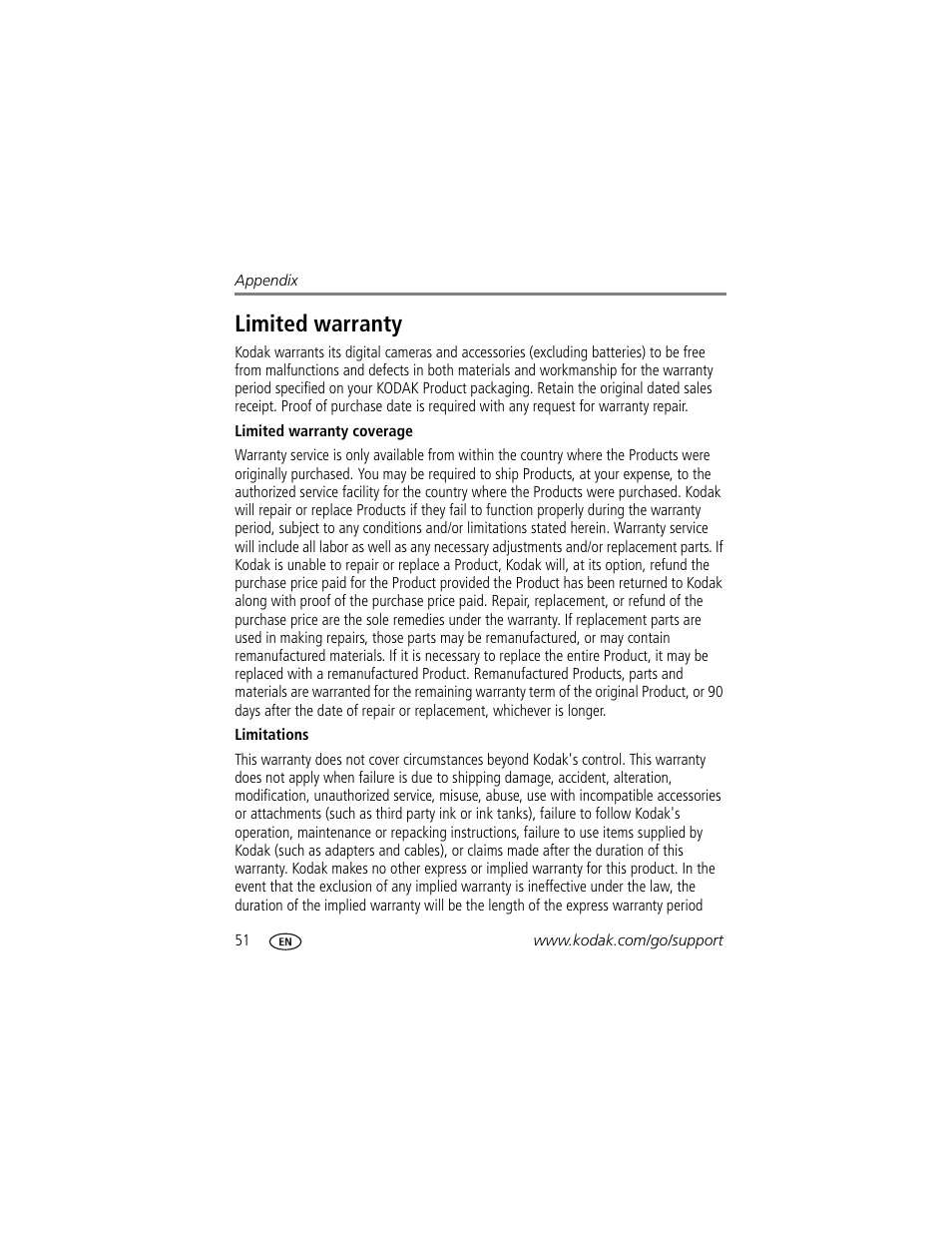 Limited warranty | Kodak M22 User Manual | Page 58 / 68