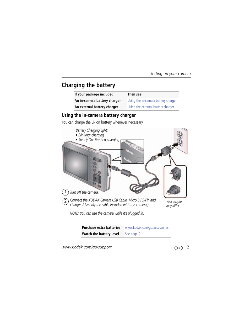 Charging the battery, Using the in-camera battery charger | Kodak M22 User Manual | Page 9 / 68