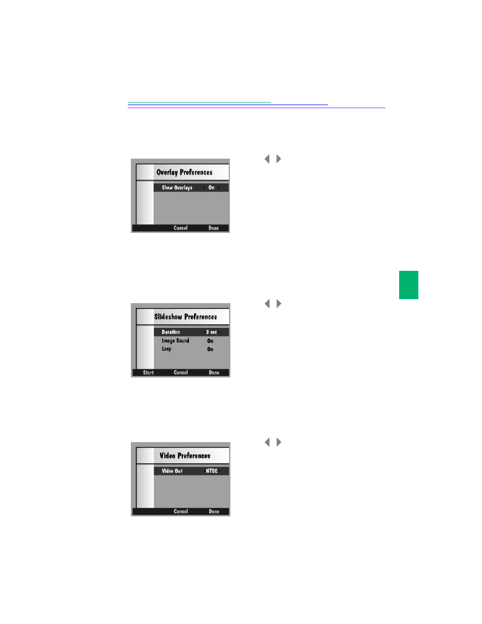 Overlay preferences, Slide show preferences, Video preferences | Kodak DC290 User Manual | Page 47 / 100
