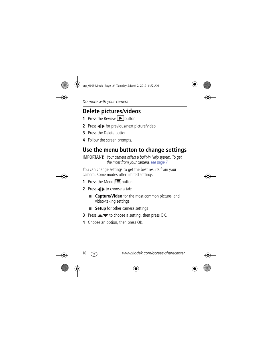 Delete pictures/videos, Use the menu button to change settings | Kodak M530 User Manual | Page 16 / 29