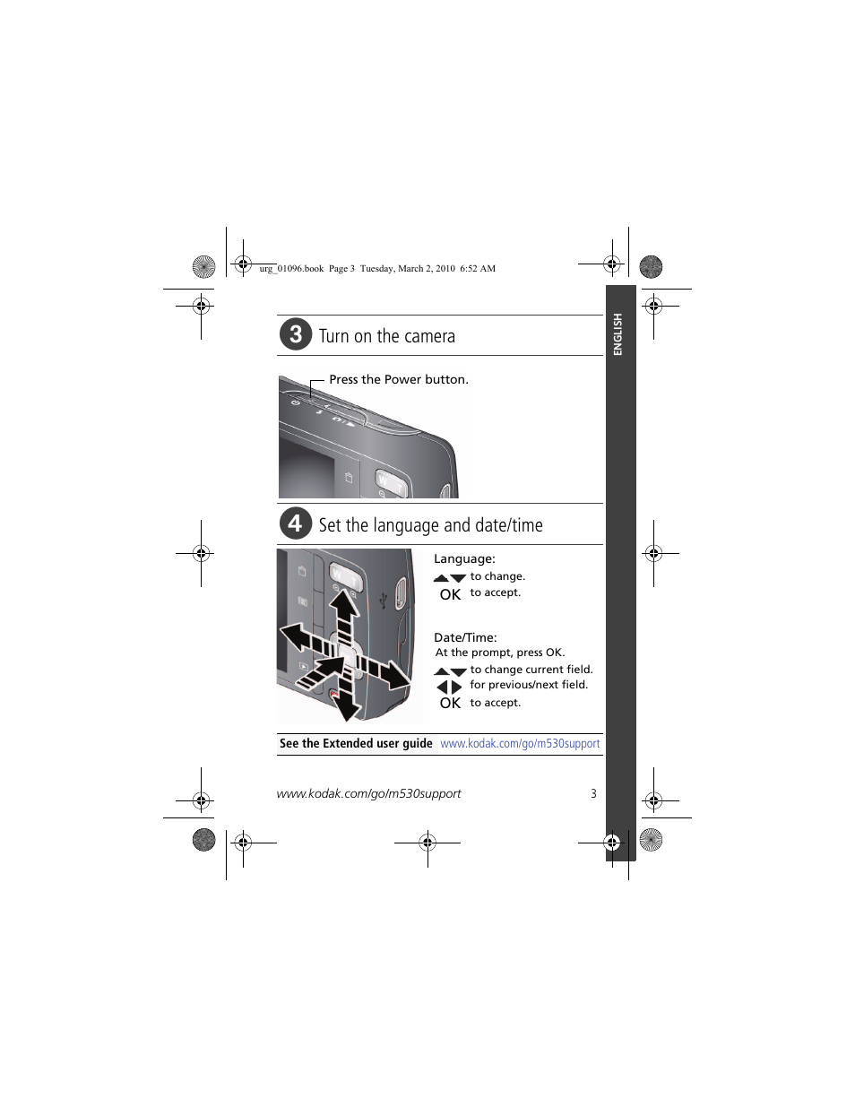 Turn on the camera, Set the language and date/time | Kodak M530 User Manual | Page 3 / 29