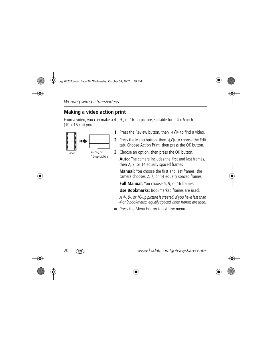 Making a video action print | Kodak M873 User Manual | Page 20 / 27