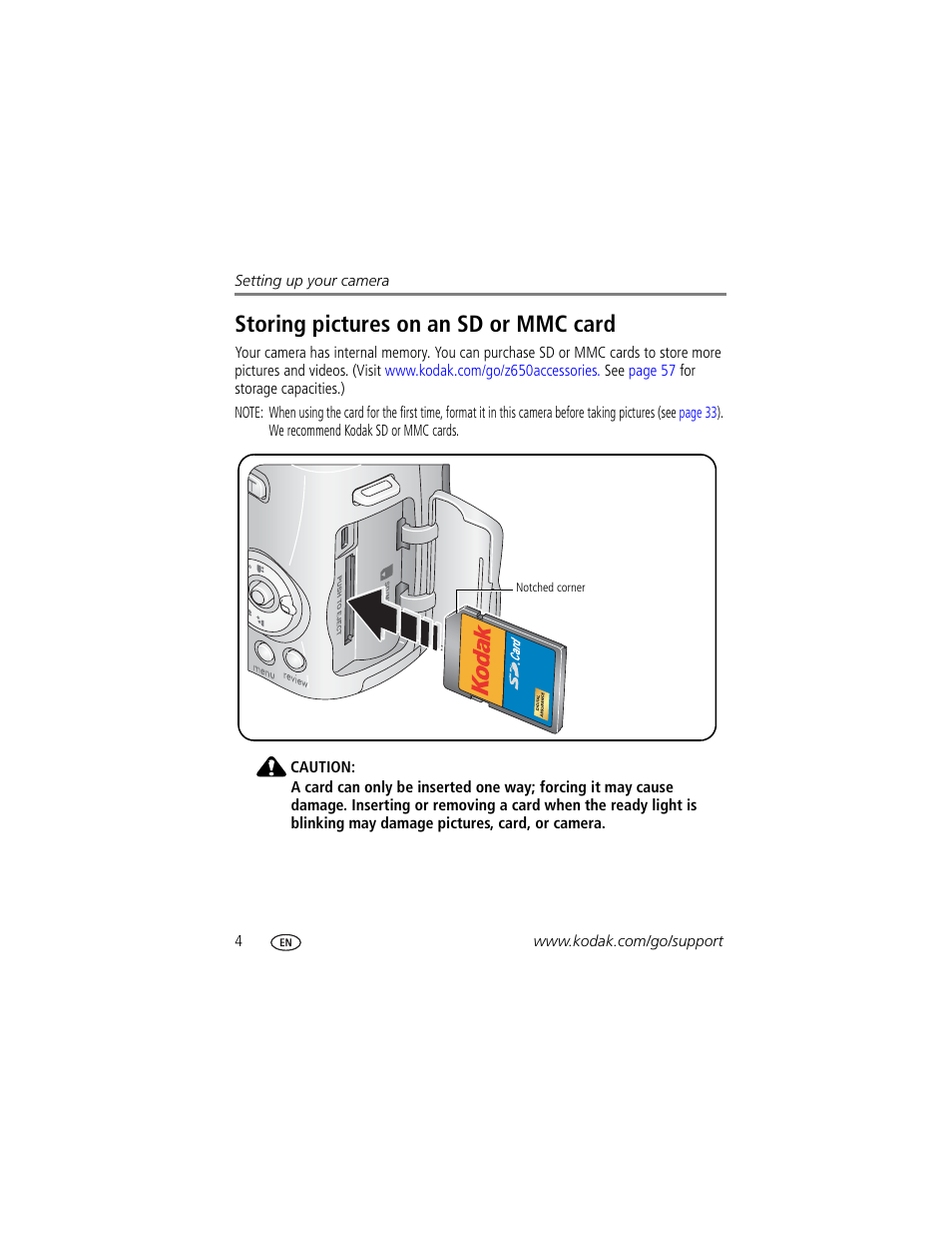 Storing pictures on an sd or mmc card | Kodak Z650 User Manual | Page 10 / 77