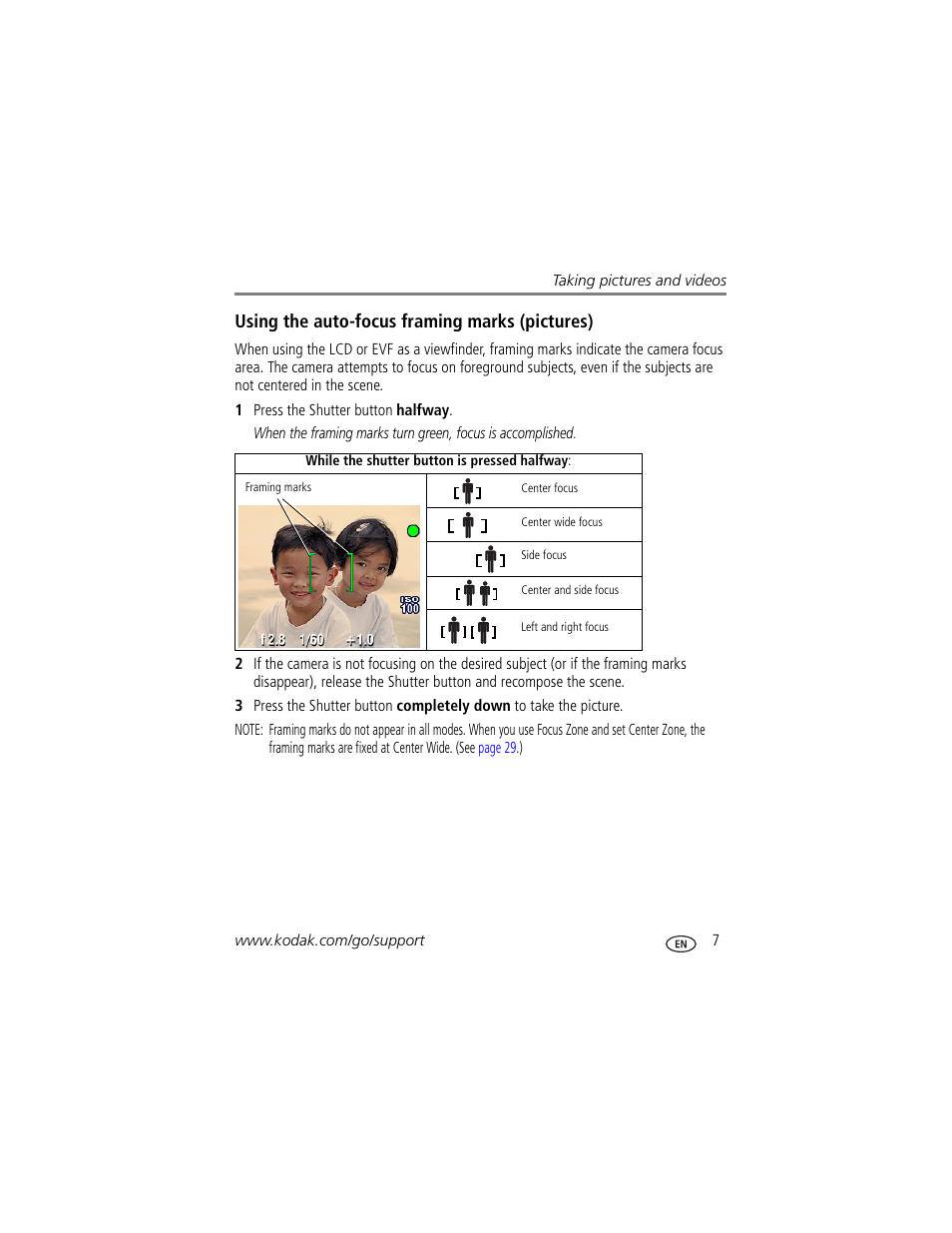 Using the auto-focus framing marks (pictures) | Kodak Z650 User Manual | Page 13 / 77