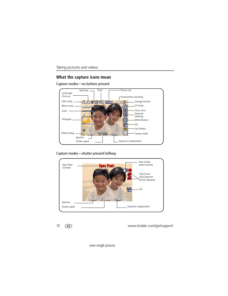 What the capture icons mean, View single picture | Kodak Z650 User Manual | Page 16 / 77