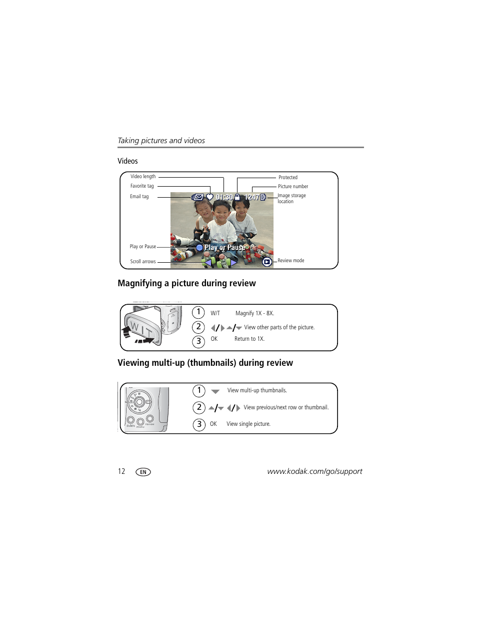 Magnifying a picture during review, Viewing multi-up (thumbnails) during review | Kodak Z650 User Manual | Page 18 / 77