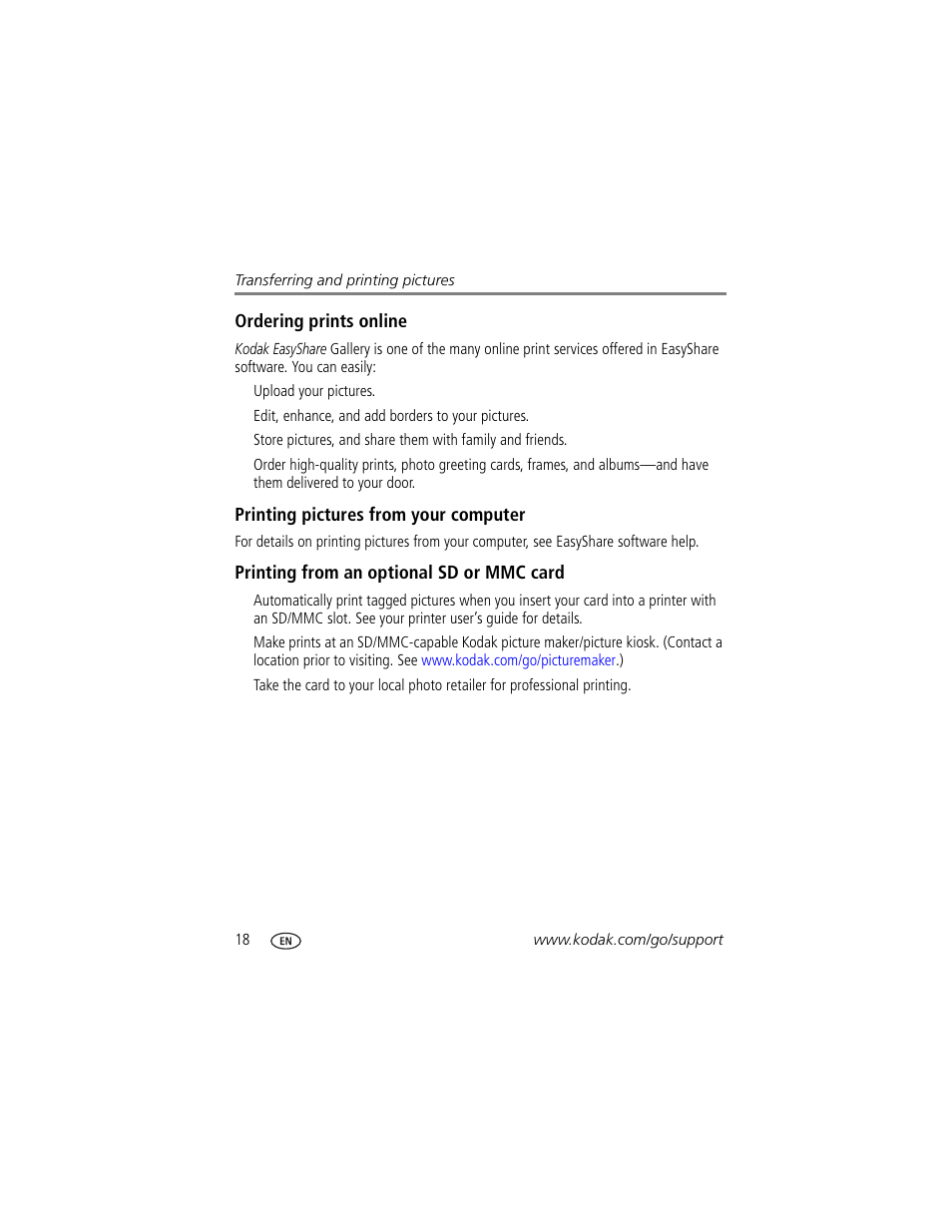Printing pictures from your computer, Printing from an optional sd or mmc card, Ordering prints online | Kodak Z650 User Manual | Page 24 / 77