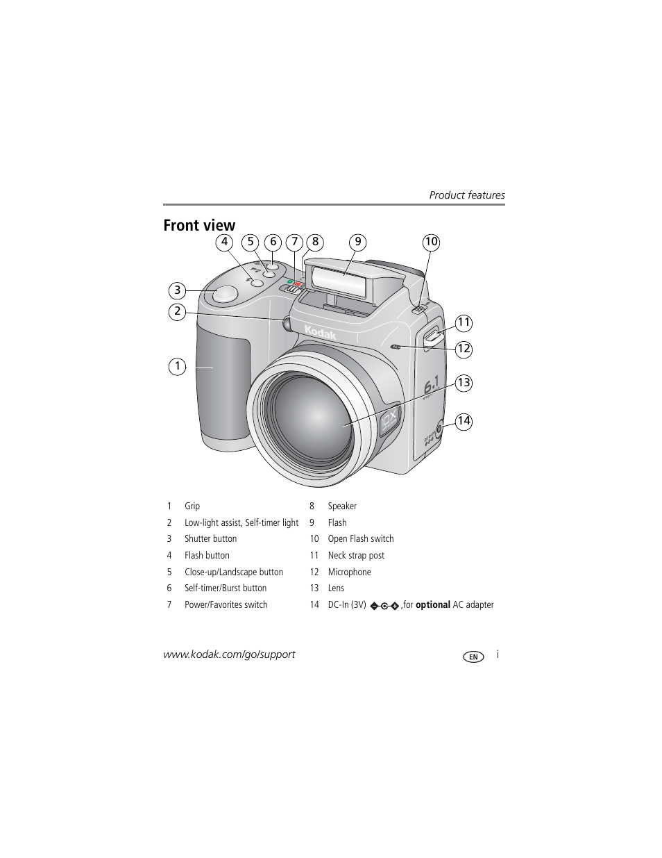 Product features, Front view | Kodak Z650 User Manual | Page 3 / 77