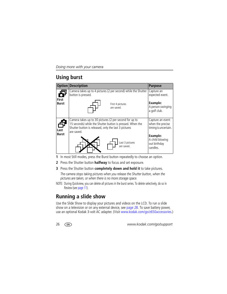 Using burst, Running a slide show, Using burst running a slide show | Kodak Z650 User Manual | Page 32 / 77