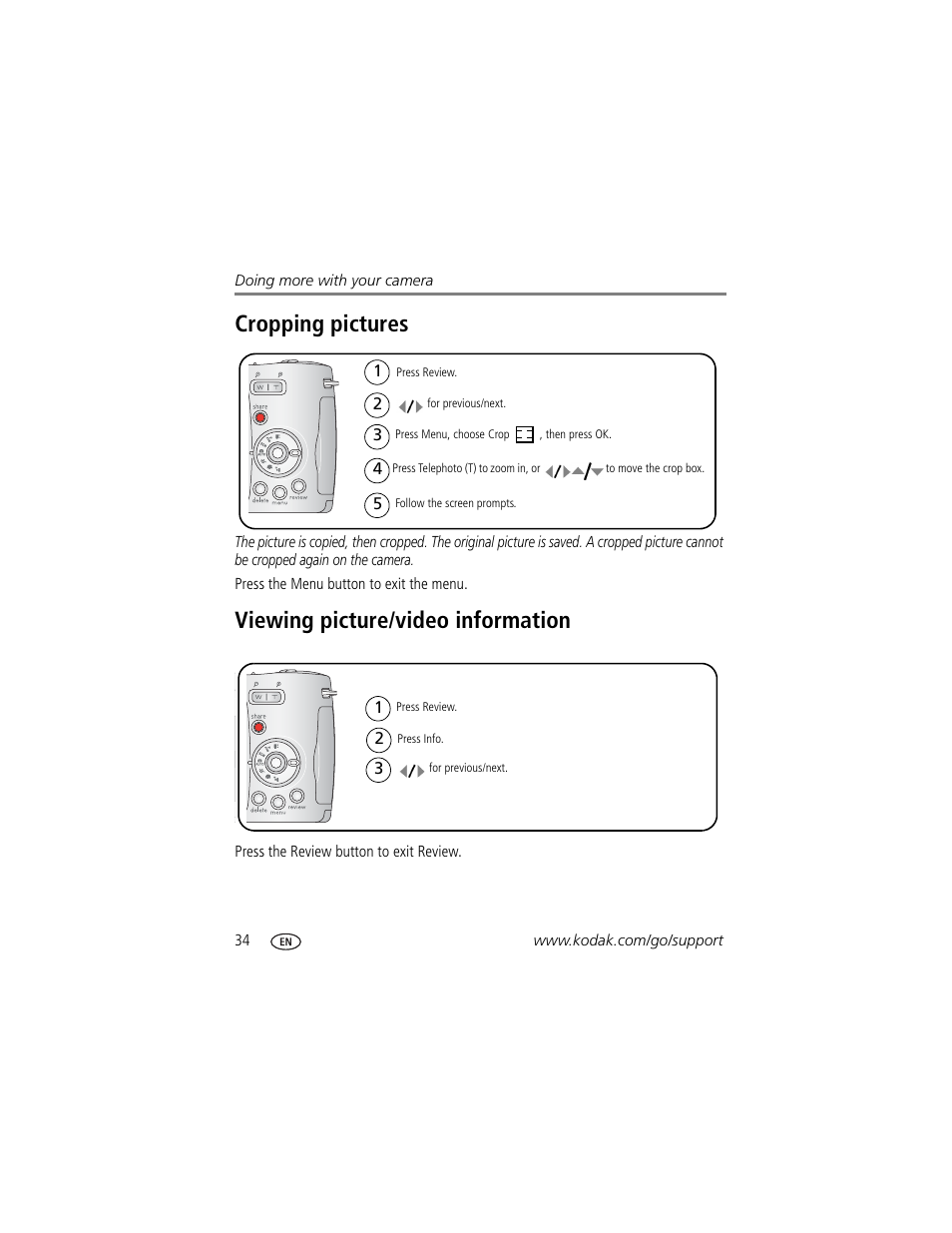 Cropping pictures, Viewing picture/video information | Kodak Z650 User Manual | Page 40 / 77