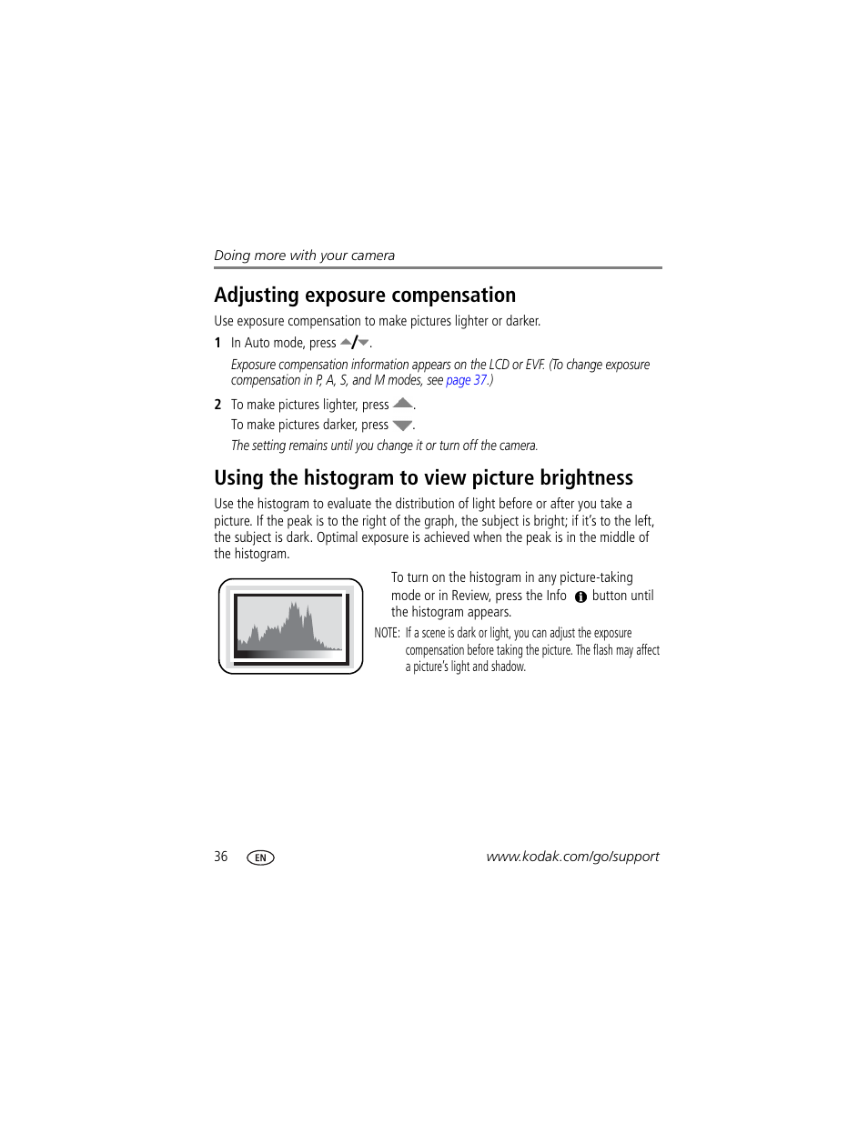 Using the histogram to view picture brightness, Adjusting exposure compensation | Kodak Z650 User Manual | Page 42 / 77