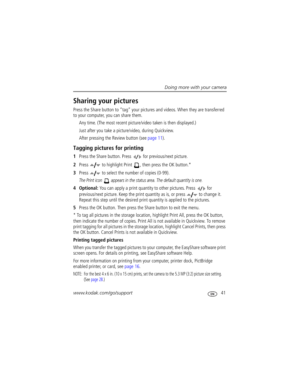Tagging pictures for printing, Printing tagged pictures, Sharing your pictures | Kodak Z650 User Manual | Page 47 / 77