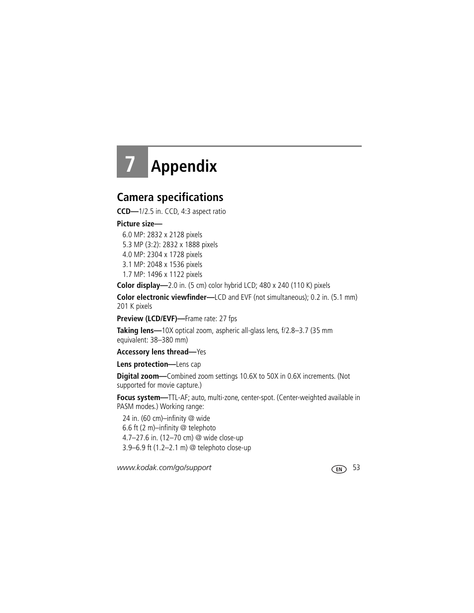 Appendix, Camera specifications, 7 appendix | Kodak Z650 User Manual | Page 59 / 77