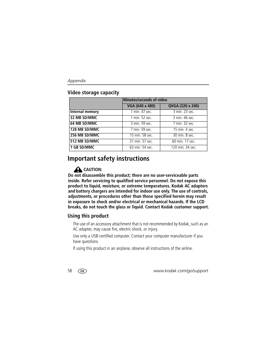Video storage capacity, Important safety instructions, Using this product | Kodak Z650 User Manual | Page 64 / 77