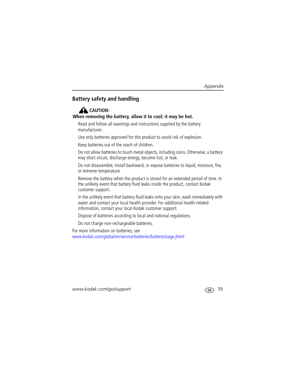 Battery safety and handling | Kodak Z650 User Manual | Page 65 / 77