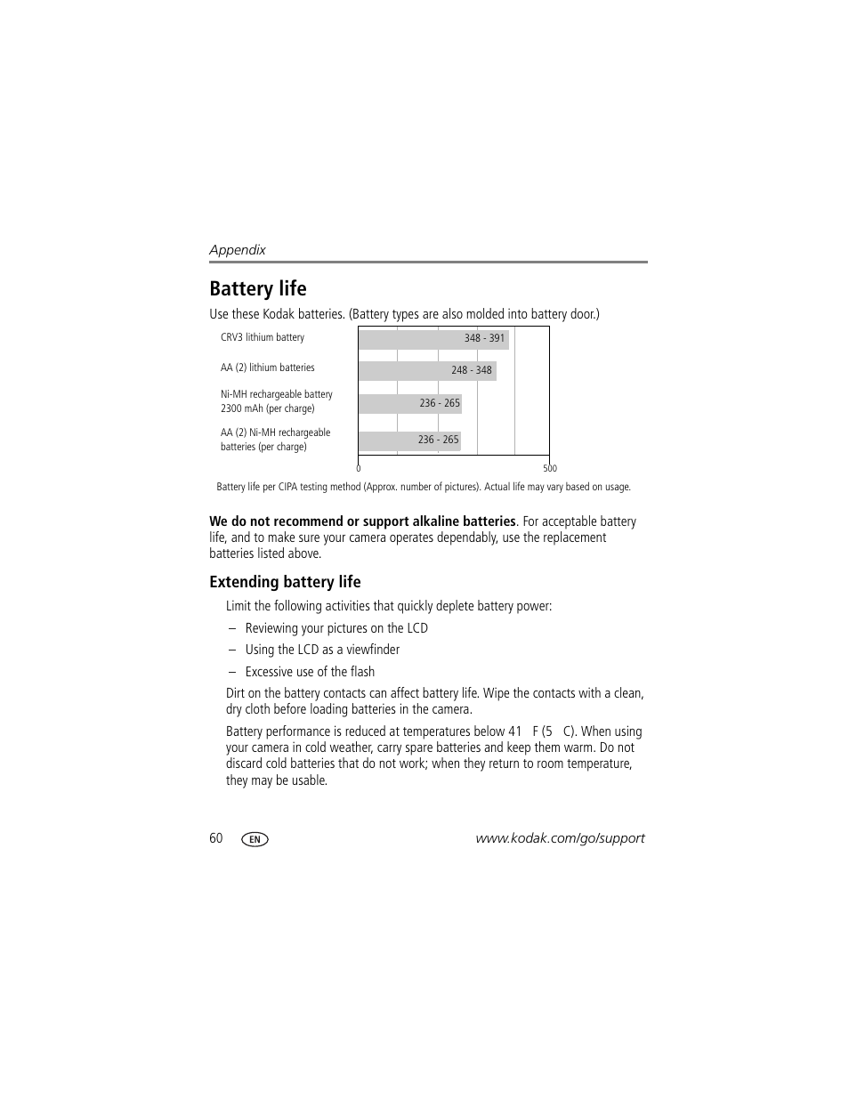 Extending battery life, Battery life | Kodak Z650 User Manual | Page 66 / 77