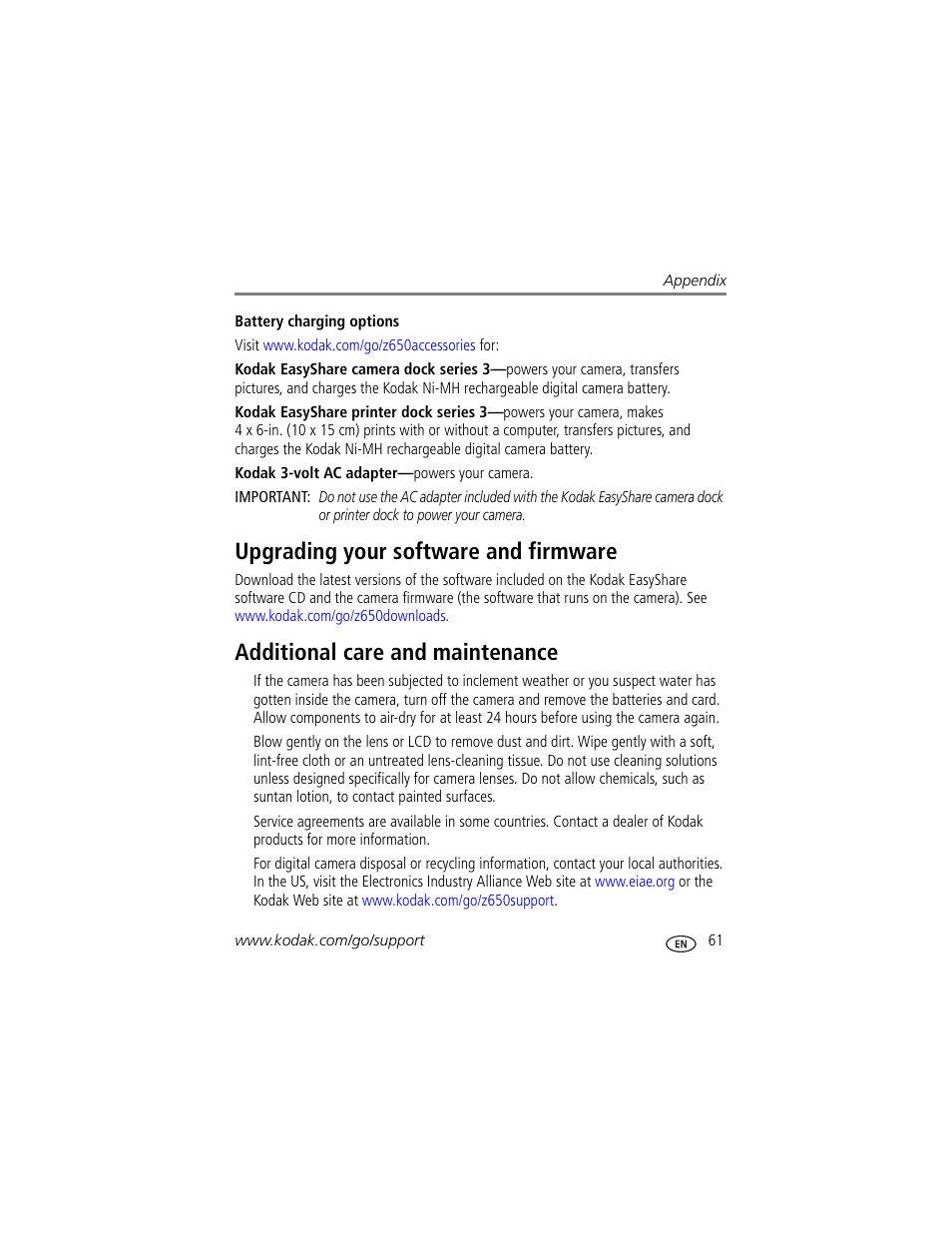 Upgrading your software and firmware, Additional care and maintenance | Kodak Z650 User Manual | Page 67 / 77
