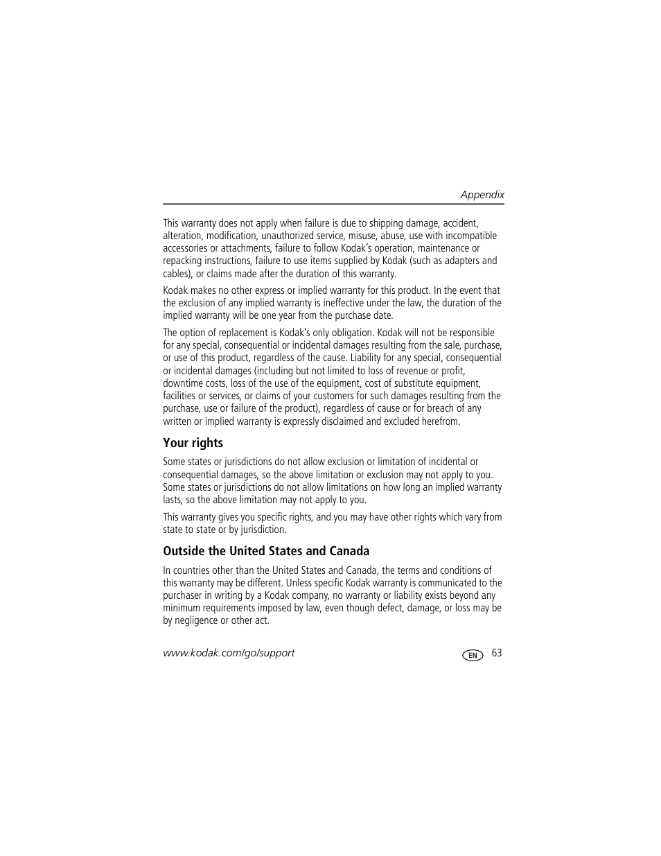 Your rights, Outside the united states and canada | Kodak Z650 User Manual | Page 69 / 77