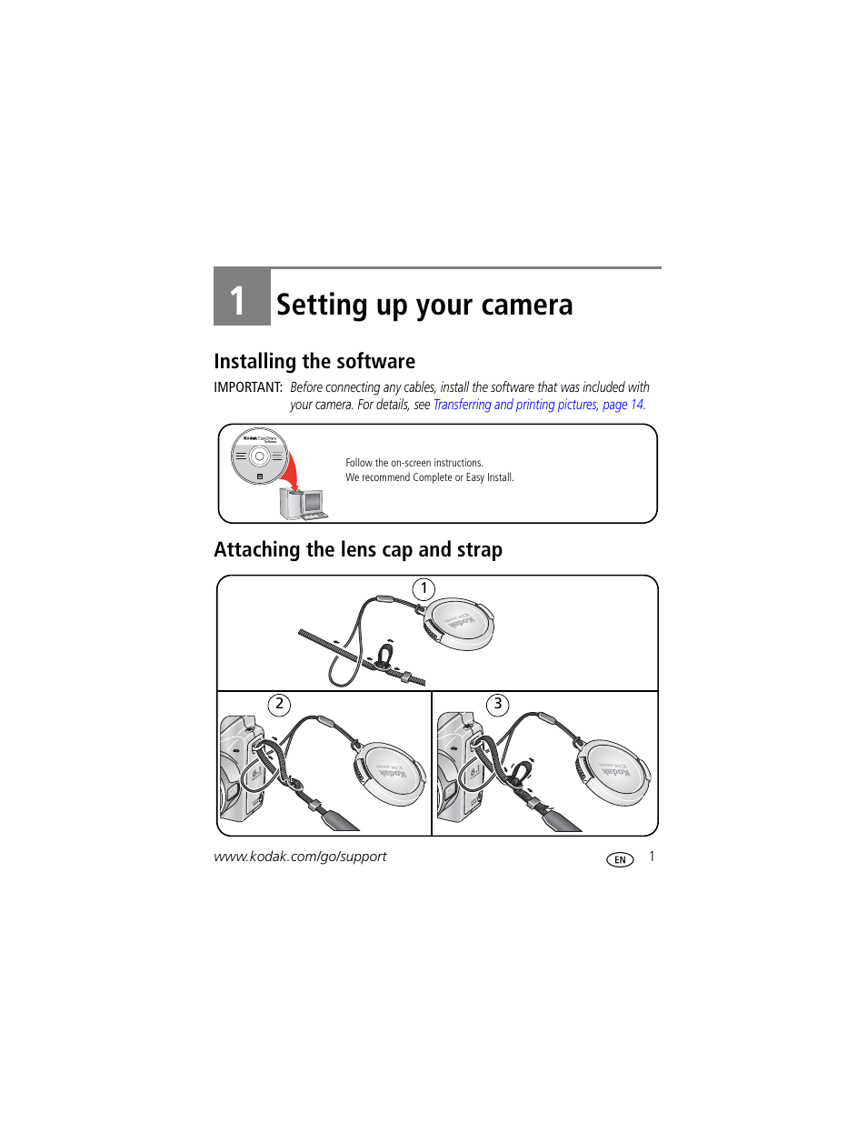 Setting up your camera, Installing the software, Attaching the lens cap and strap | 1 setting up your camera | Kodak Z650 User Manual | Page 7 / 77