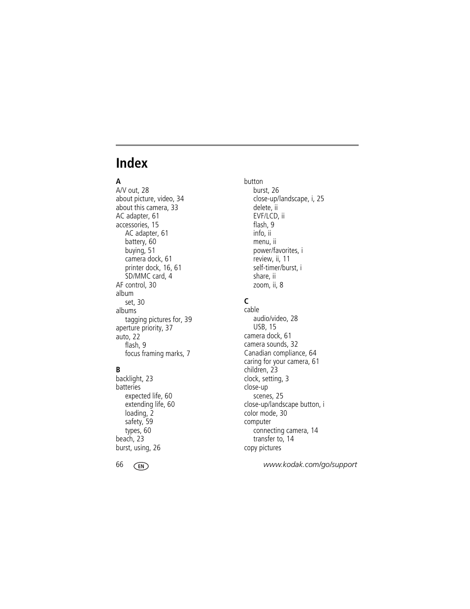 Index | Kodak Z650 User Manual | Page 72 / 77