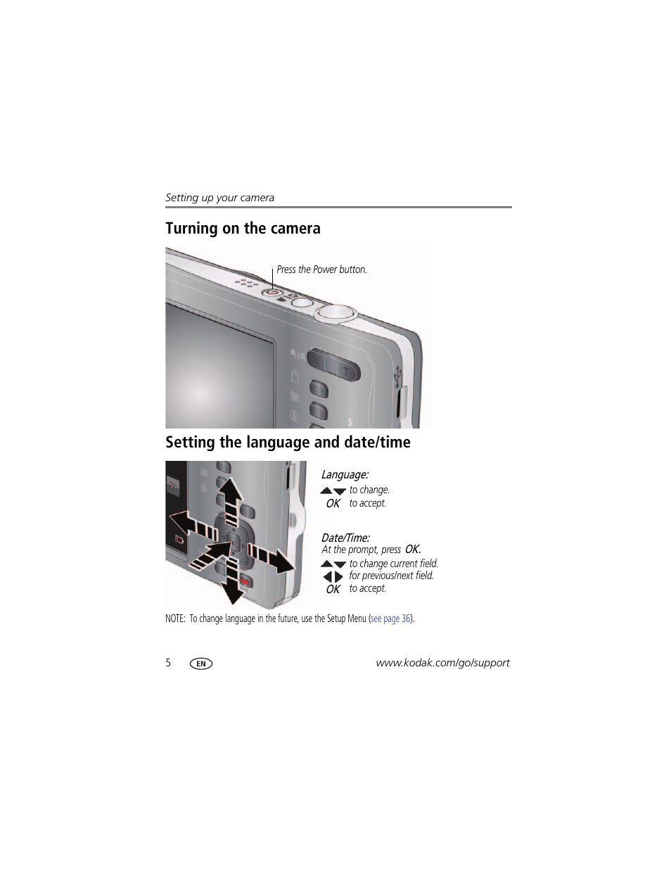 Turning on the camera, Setting the language and date/time | Kodak M522 User Manual | Page 12 / 68