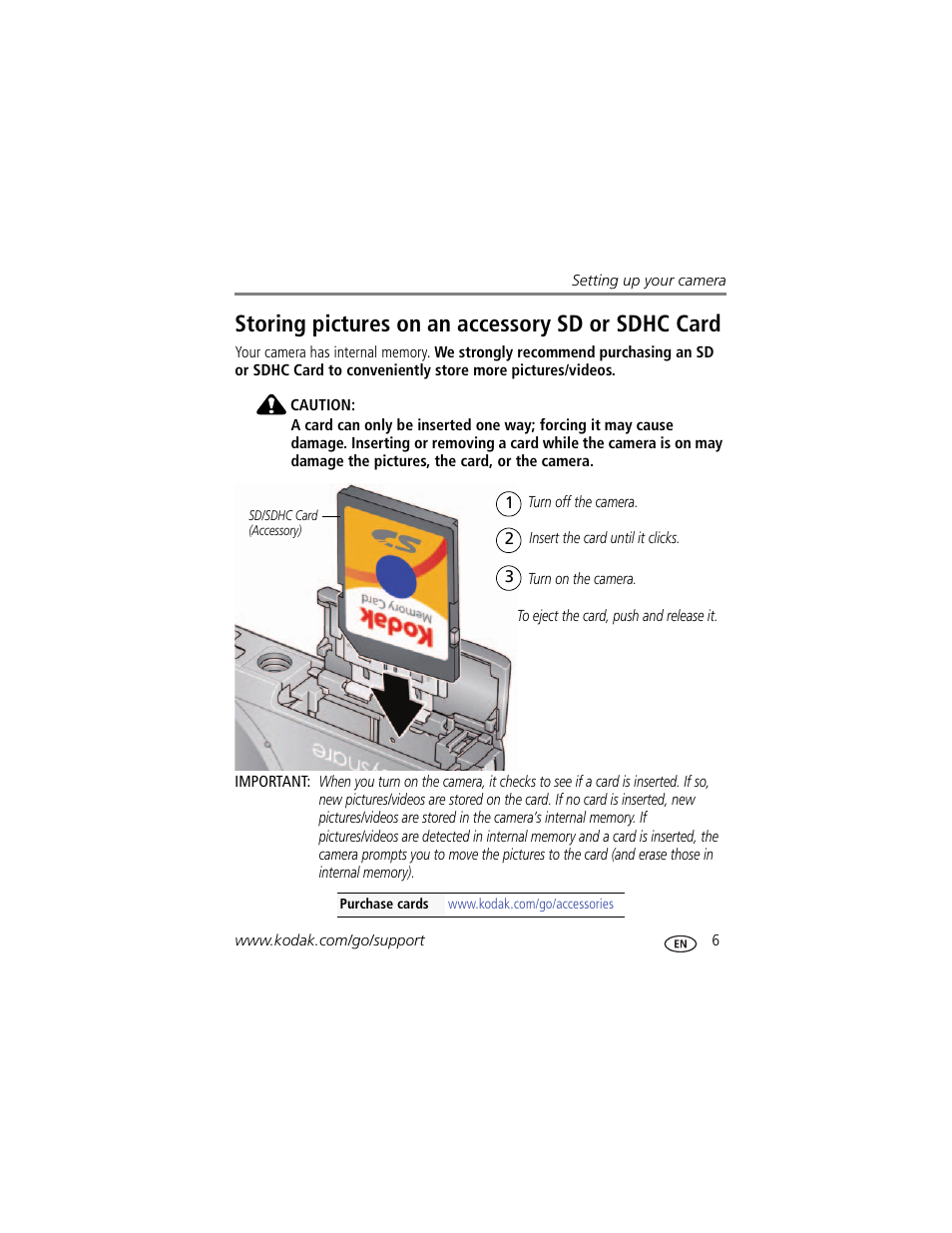 Storing pictures on an accessory sd or sdhc card | Kodak M522 User Manual | Page 13 / 68