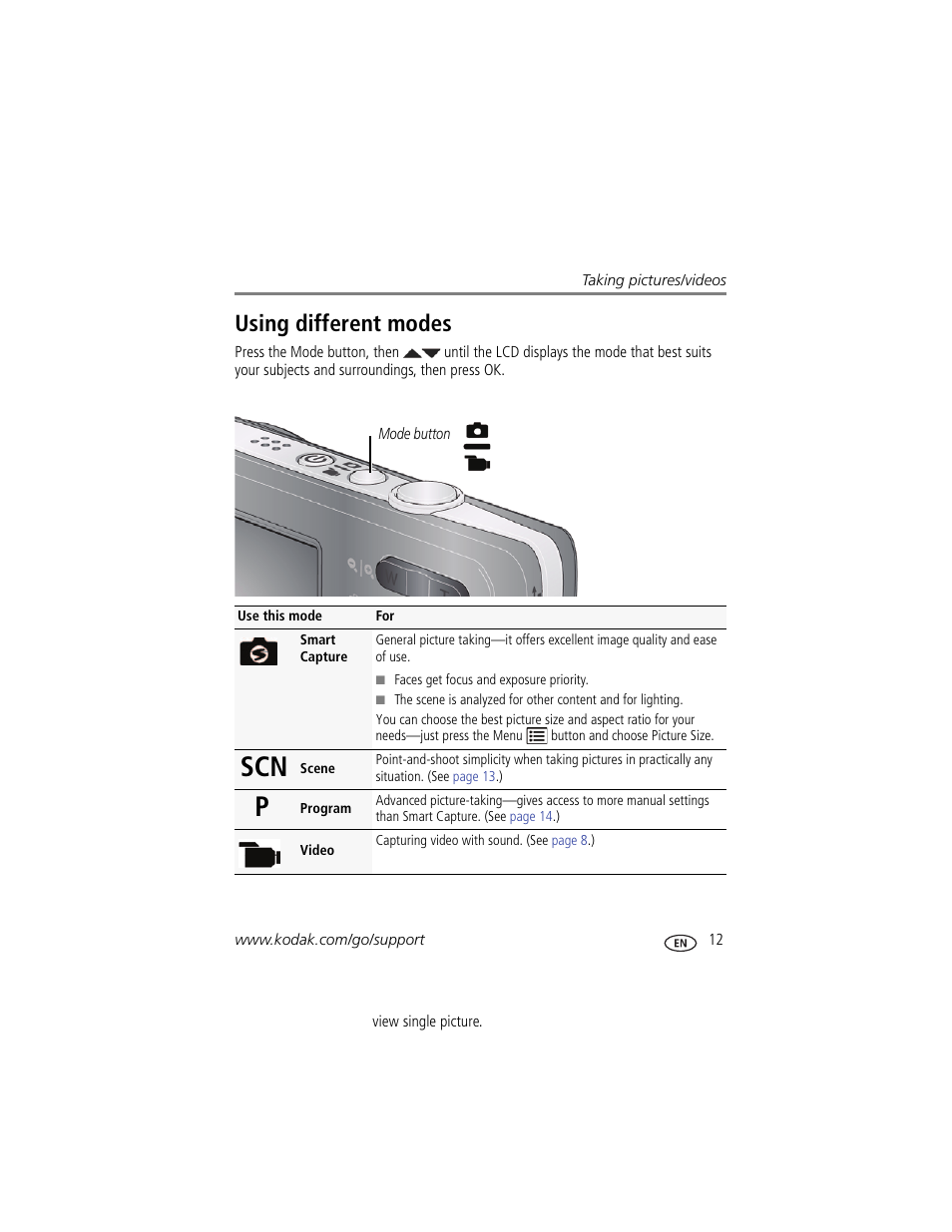 Using different modes, Scn p | Kodak M522 User Manual | Page 19 / 68