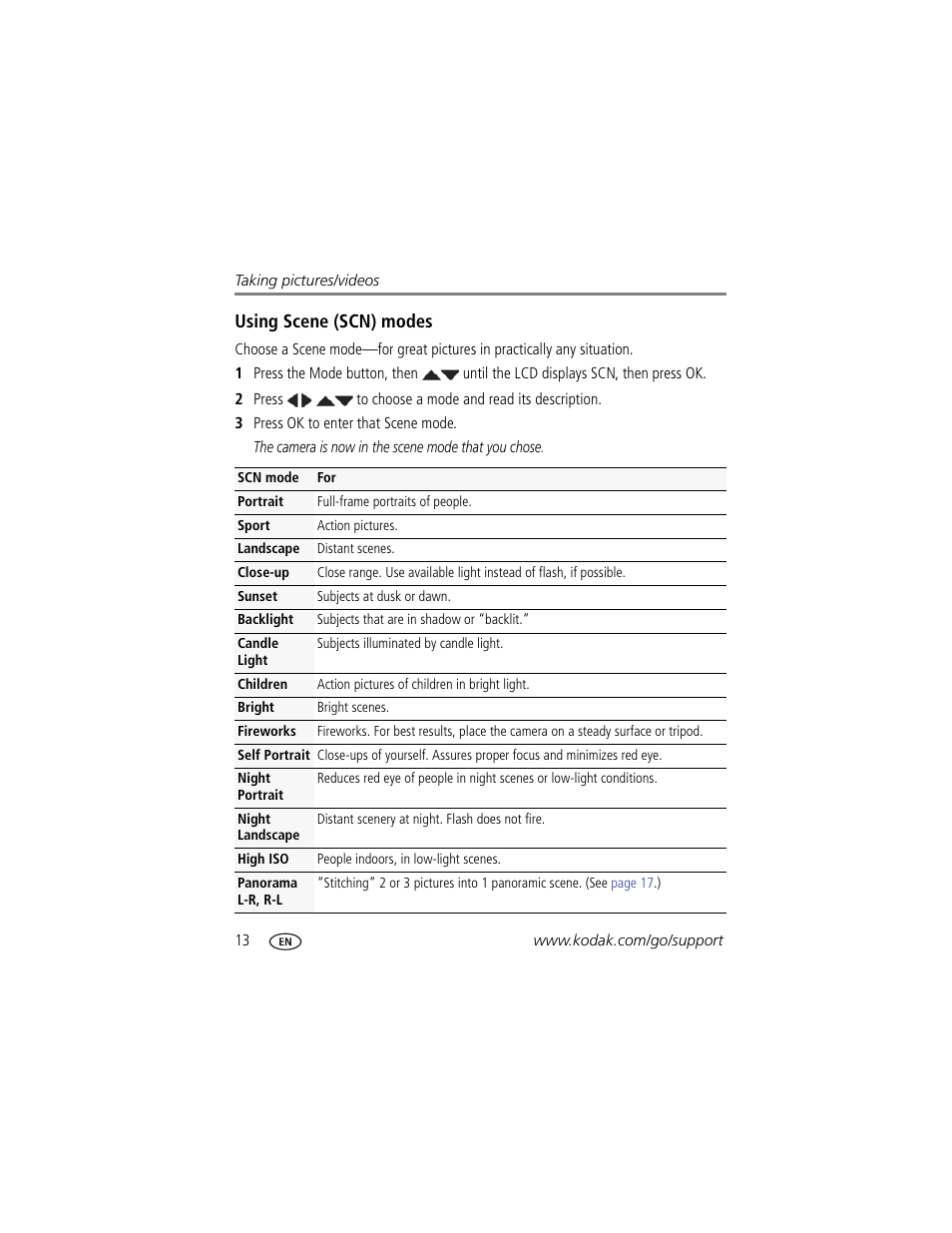 Using scene (scn) modes | Kodak M522 User Manual | Page 20 / 68