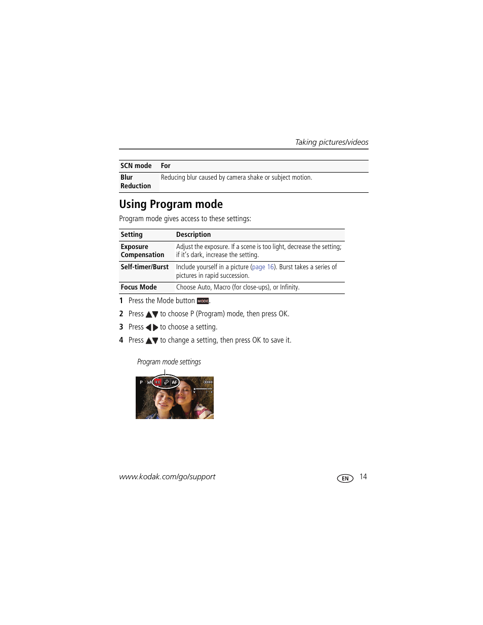 Using program mode | Kodak M522 User Manual | Page 21 / 68