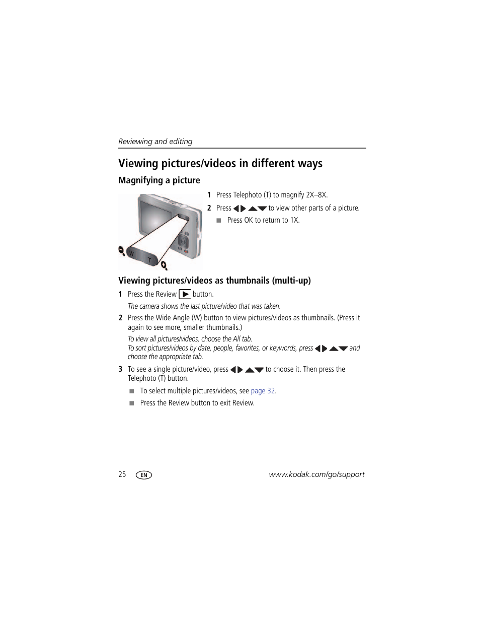 Viewing pictures/videos in different ways, Magnifying a picture, Viewing pictures/videos as thumbnails (multi-up) | Kodak M522 User Manual | Page 32 / 68