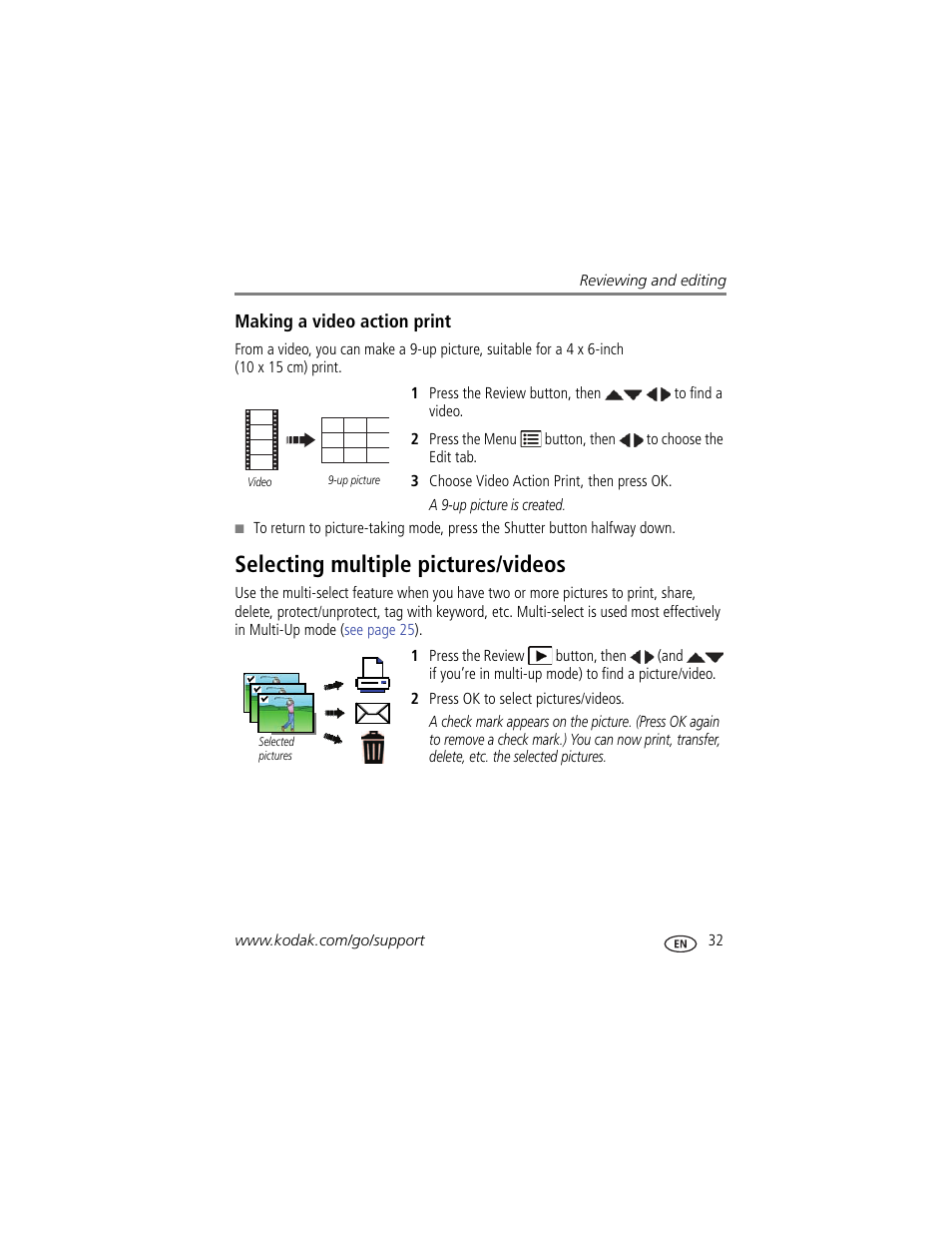 Making a video action print, Selecting multiple pictures/videos | Kodak M522 User Manual | Page 39 / 68