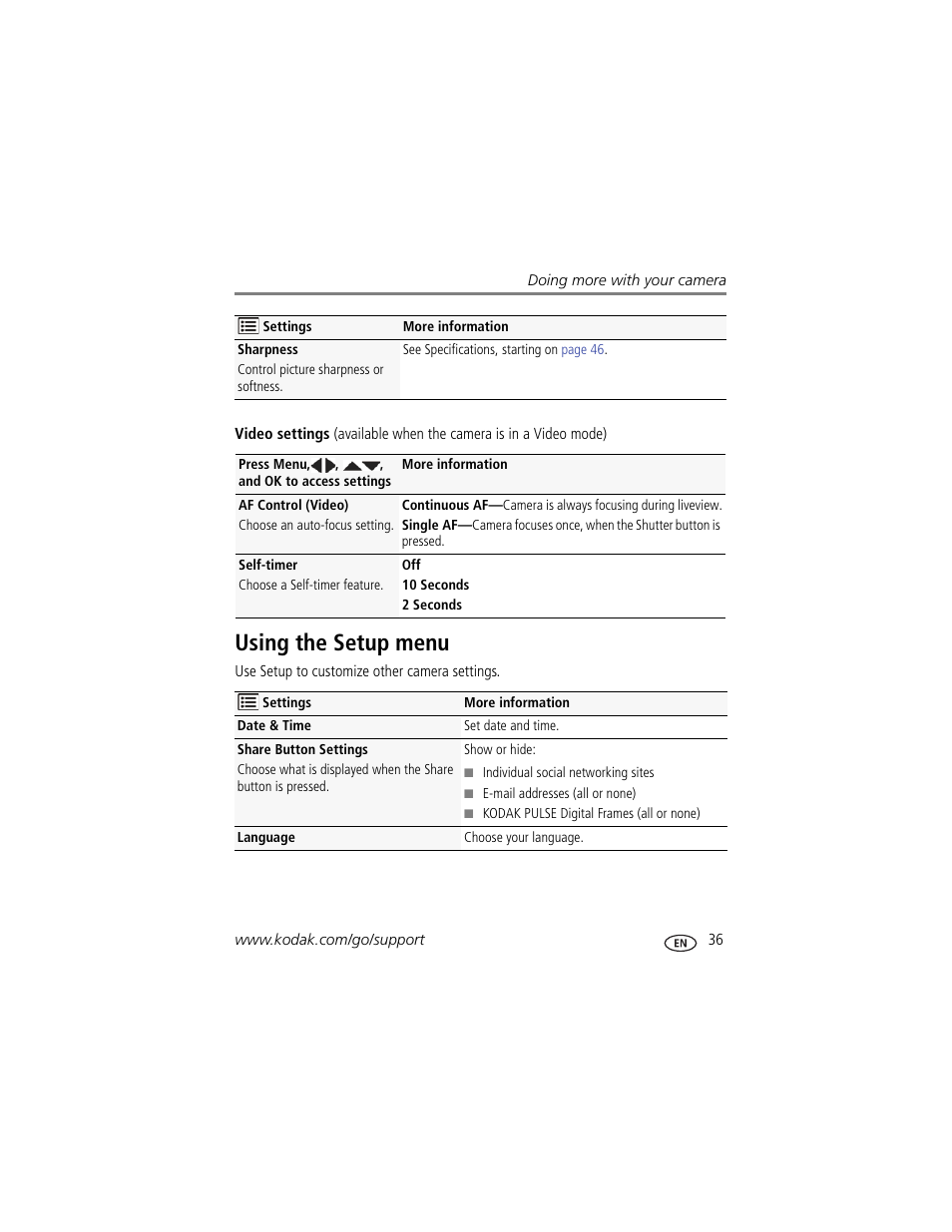 Using the setup menu | Kodak M522 User Manual | Page 43 / 68