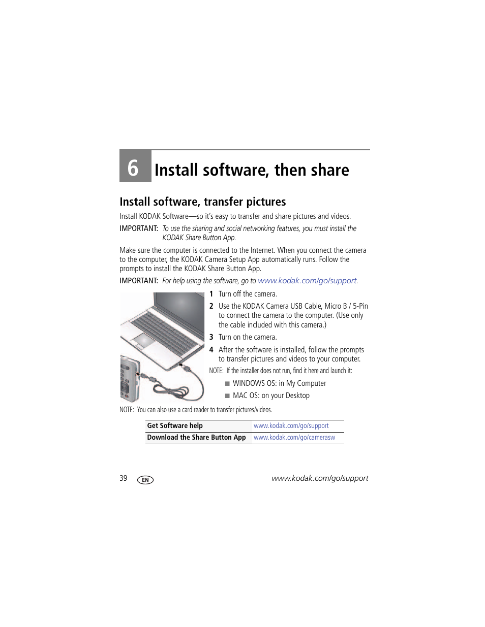 Install software, then share, Install software, transfer pictures, 6 install software, then share | Kodak M522 User Manual | Page 46 / 68