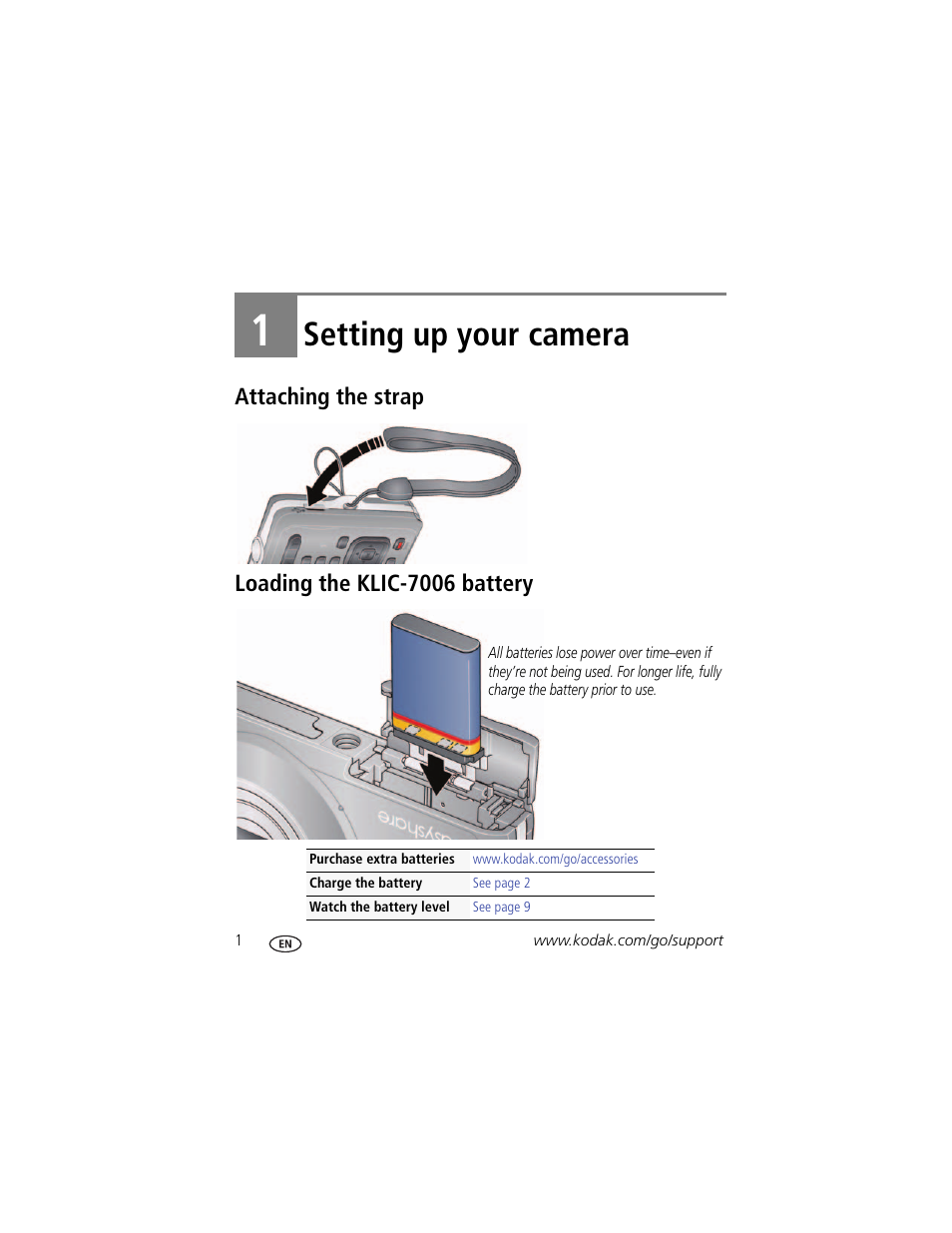 Setting up your camera, Attaching the strap, Loading the klic-7006 battery | 1 setting up your camera, Attaching the strap loading the klic-7006 battery | Kodak M522 User Manual | Page 8 / 68