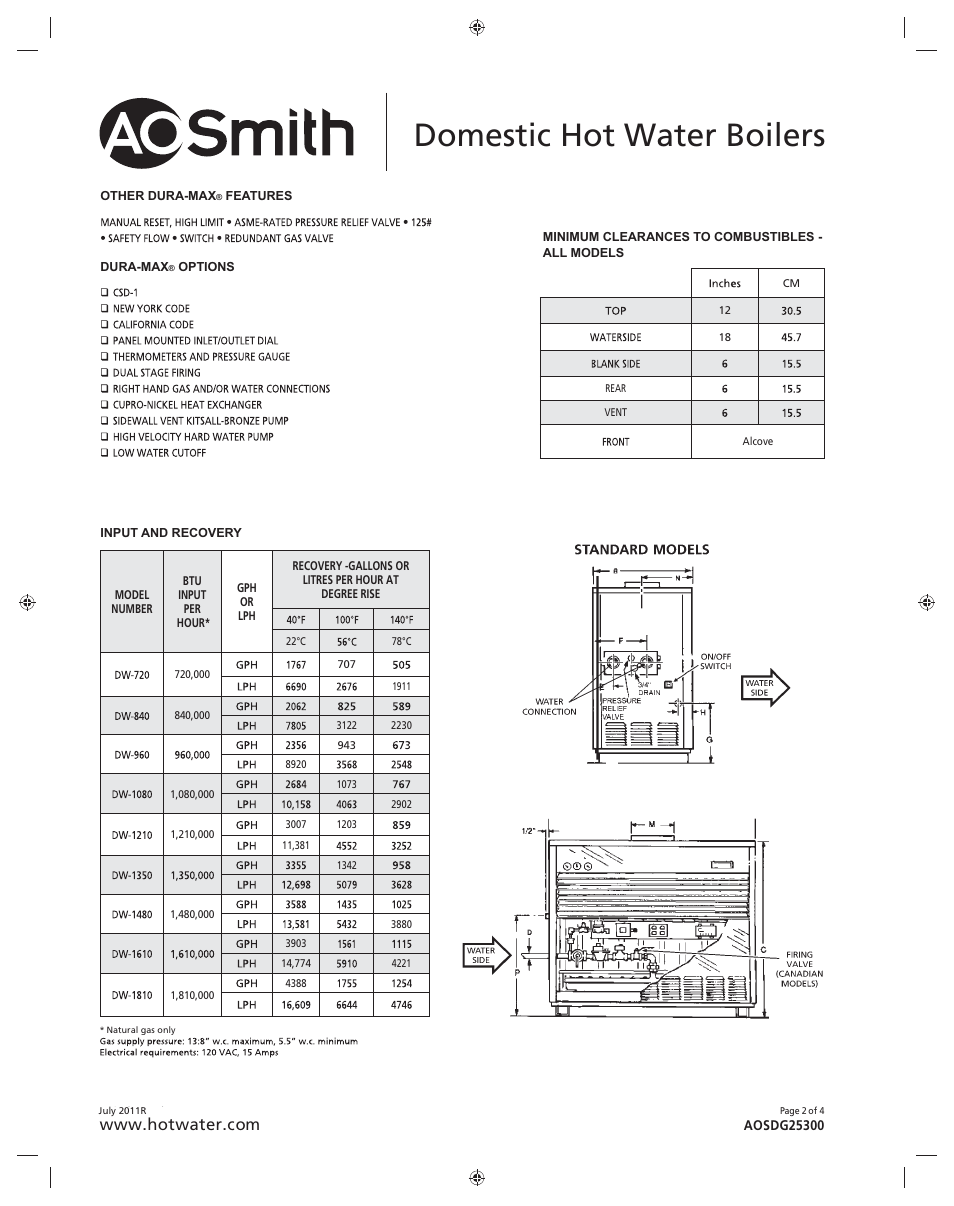 Domestic hot water boilers | A.O. Smith DW-1810 User Manual | Page 2 / 4