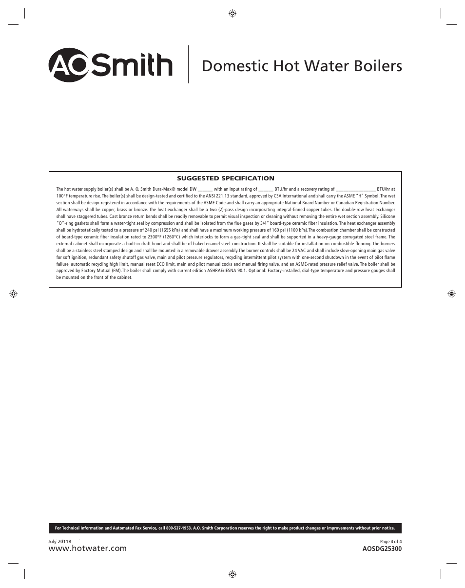 Domestic hot water boilers | A.O. Smith DW-1810 User Manual | Page 4 / 4