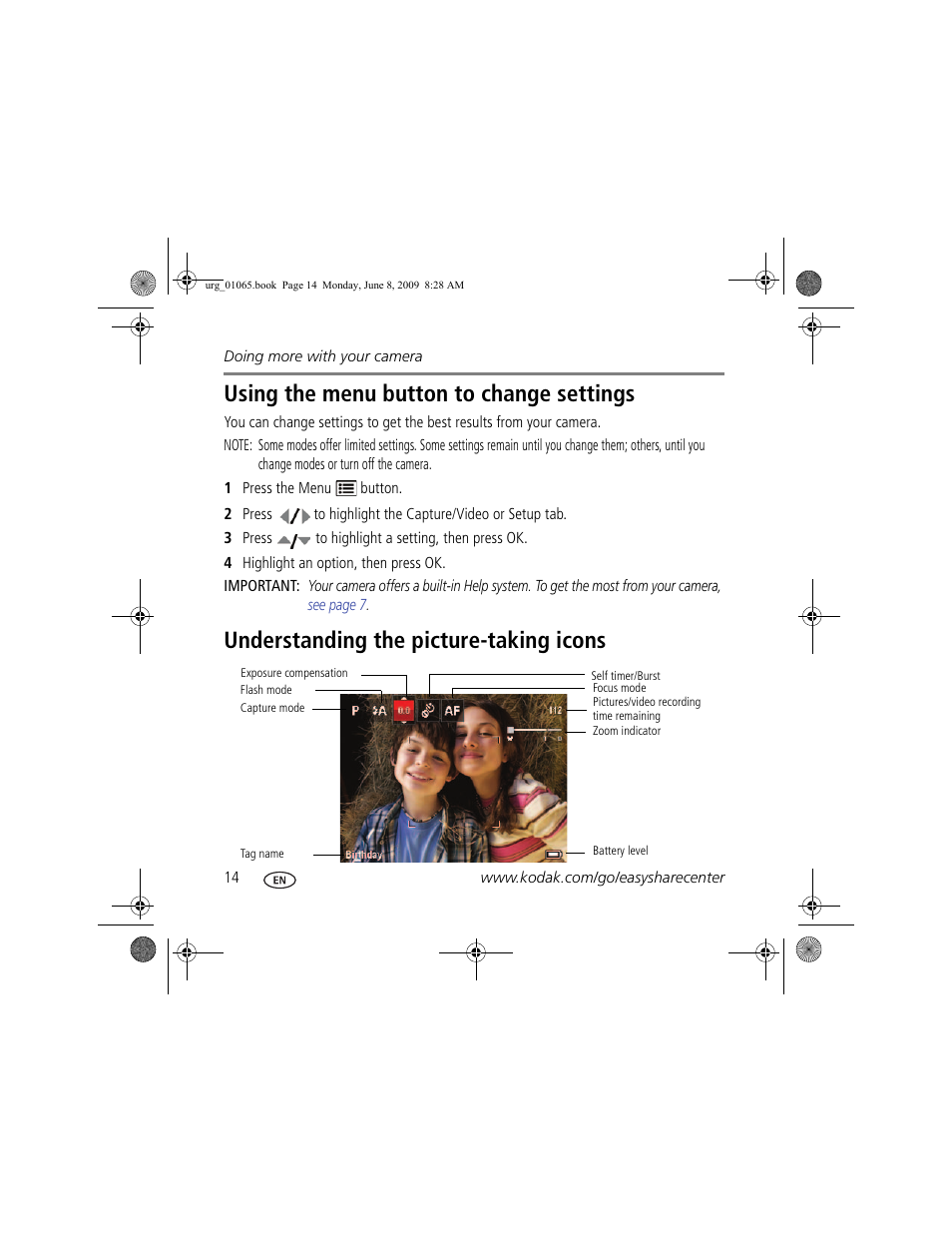 Using the menu button to change settings, Understanding the picture-taking icons | Kodak MD41 User Manual | Page 14 / 23