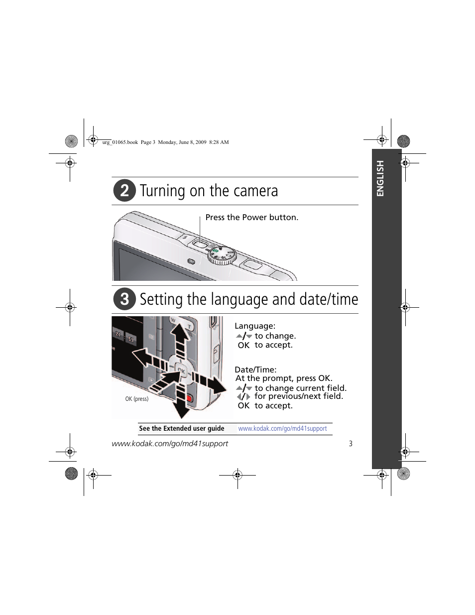 Turning on the camera, Setting the language and date/time | Kodak MD41 User Manual | Page 3 / 23