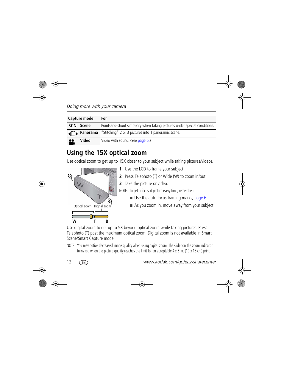 Using the 15x optical zoom | Kodak Z1015 IS User Manual | Page 12 / 29