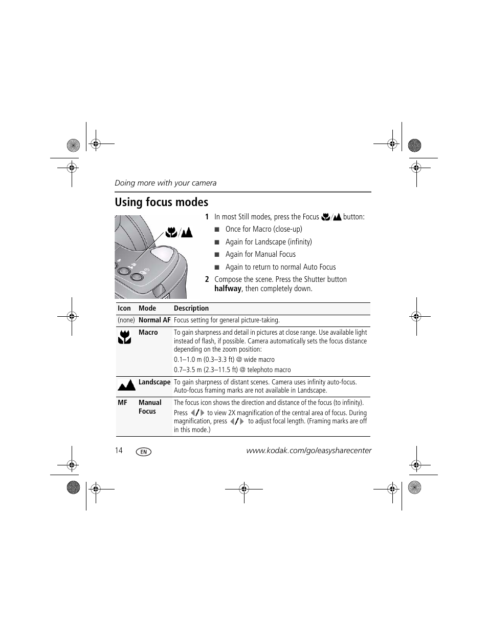 Using focus modes | Kodak Z1015 IS User Manual | Page 14 / 29