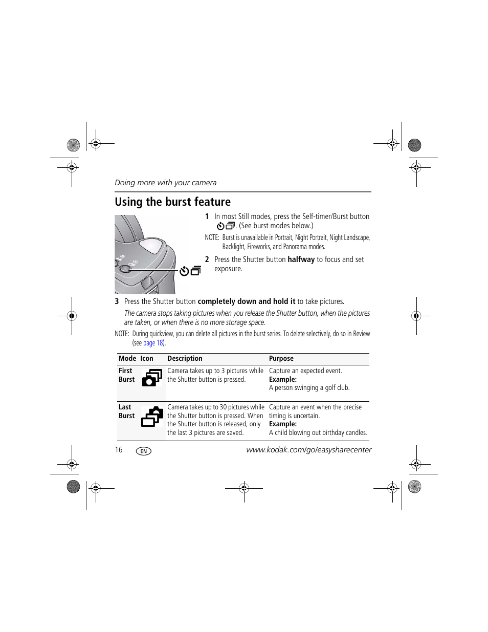 Using the burst feature | Kodak Z1015 IS User Manual | Page 16 / 29