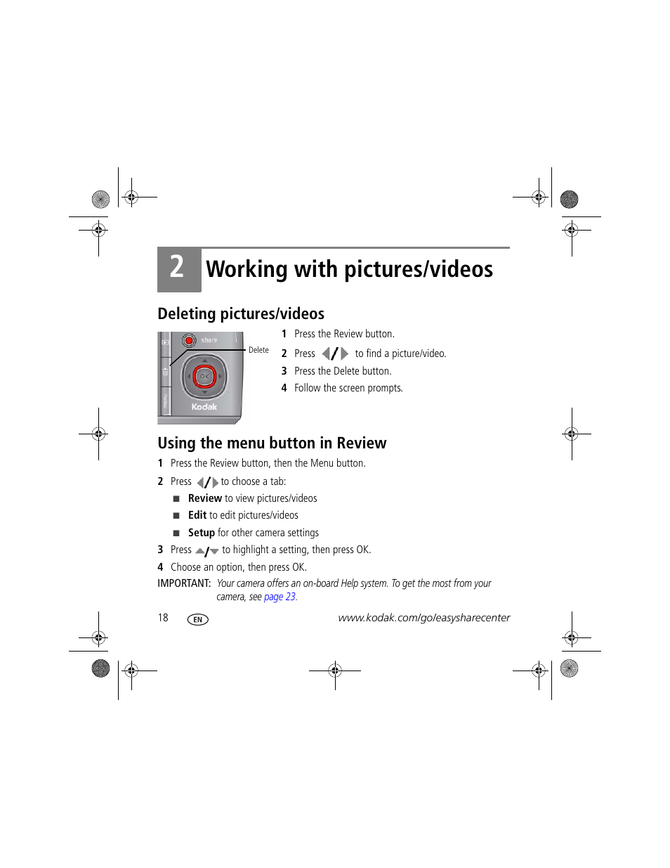 Working with pictures/videos, Deleting pictures/videos, Using the menu button in review | Kodak Z1015 IS User Manual | Page 18 / 29