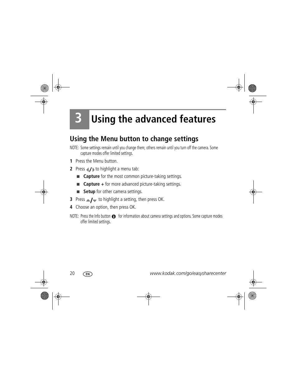 Using the advanced features, Using the menu button to change settings | Kodak Z1015 IS User Manual | Page 20 / 29