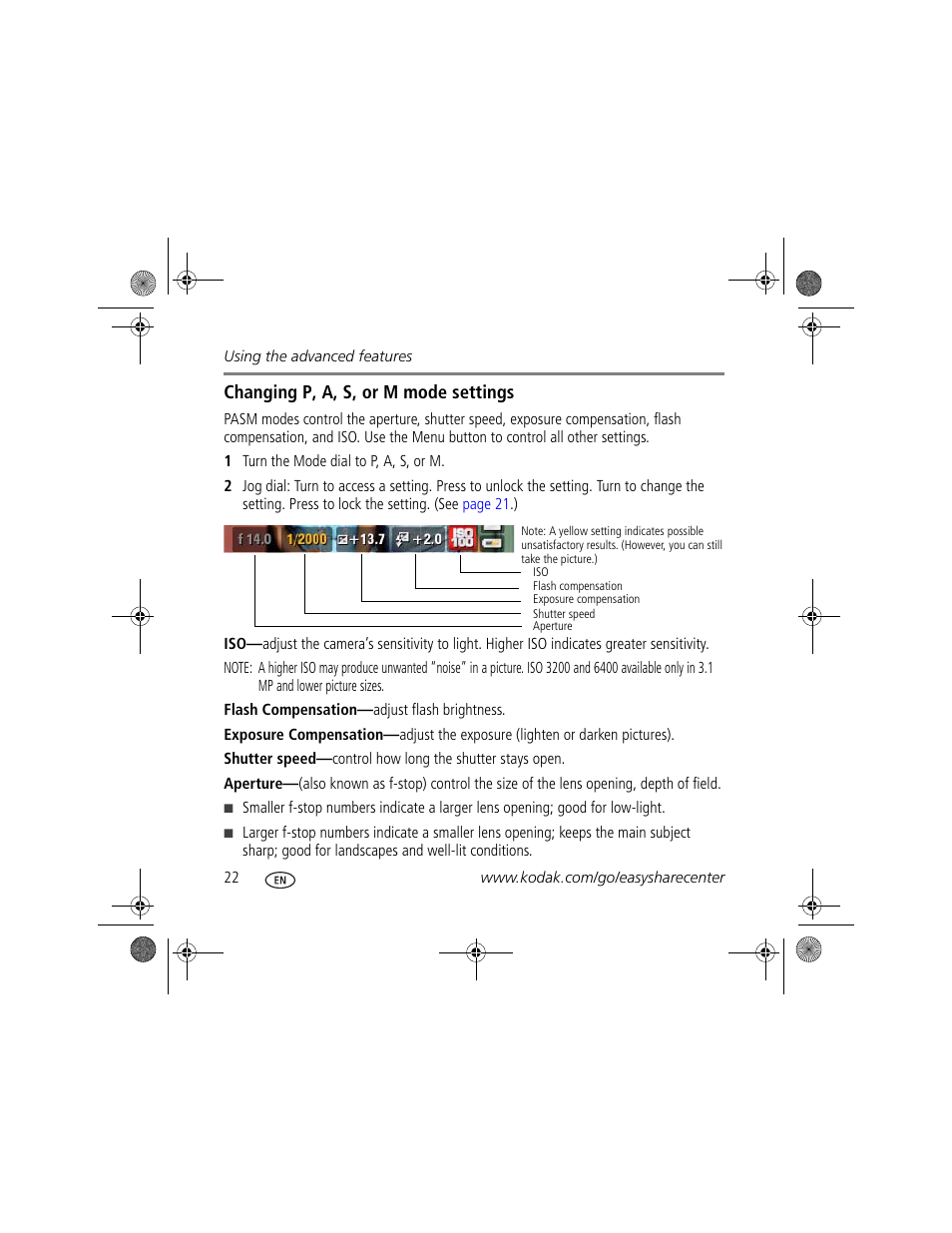 Changing p, a, s, or m mode settings | Kodak Z1015 IS User Manual | Page 22 / 29