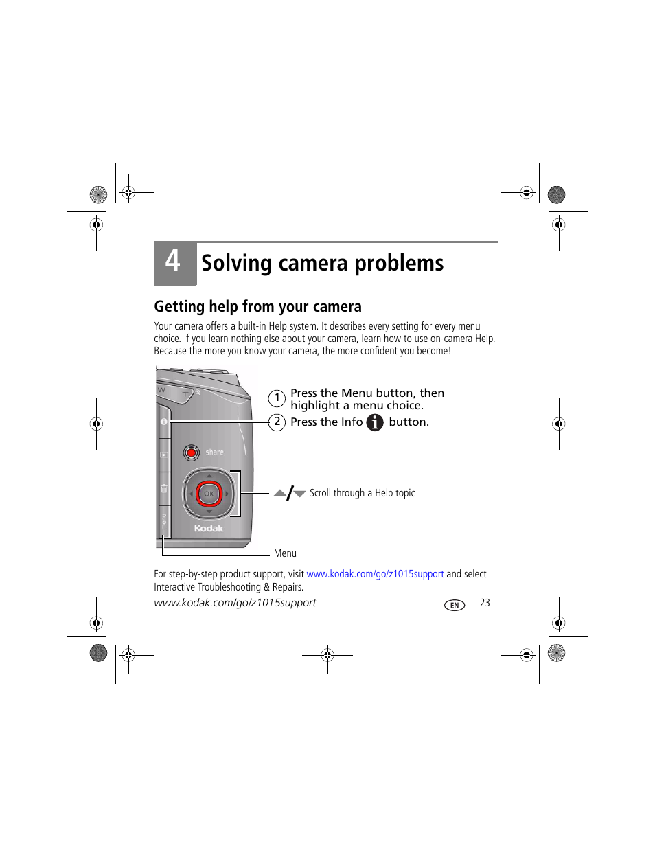 Solving camera problems, Getting help from your camera | Kodak Z1015 IS User Manual | Page 23 / 29