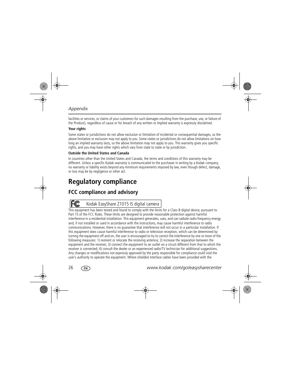 Regulatory compliance, Fcc compliance and advisory | Kodak Z1015 IS User Manual | Page 26 / 29