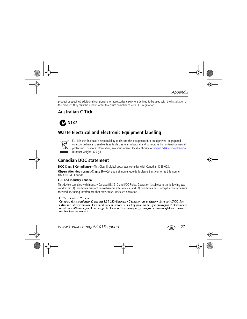 Australian c-tick, Waste electrical and electronic equipment labeling, Canadian doc statement | Fcc and industry canada | Kodak Z1015 IS User Manual | Page 27 / 29