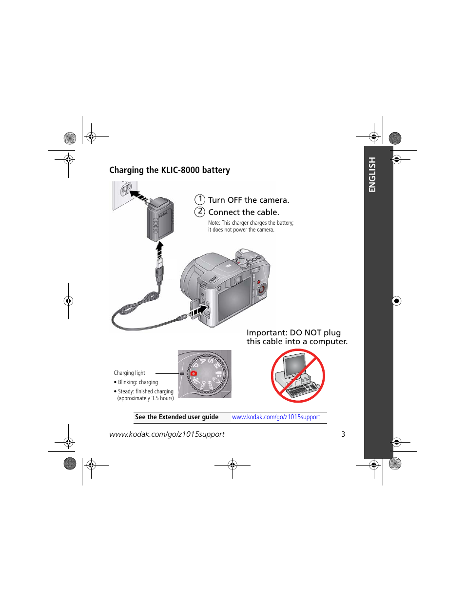 English charging the klic-8000 battery | Kodak Z1015 IS User Manual | Page 3 / 29