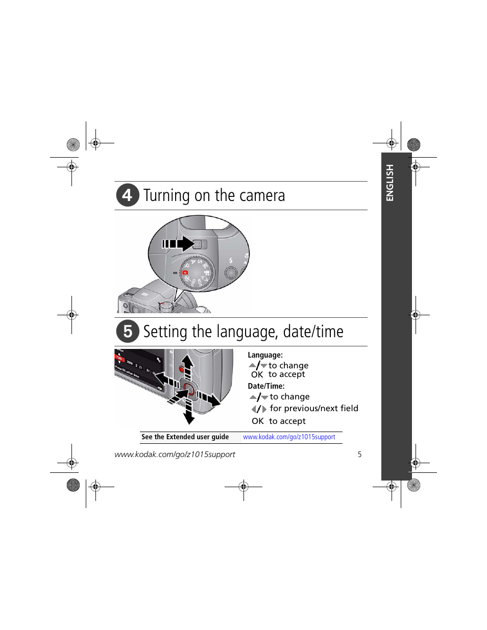 Turning on the camera, Setting the language, date/time | Kodak Z1015 IS User Manual | Page 5 / 29